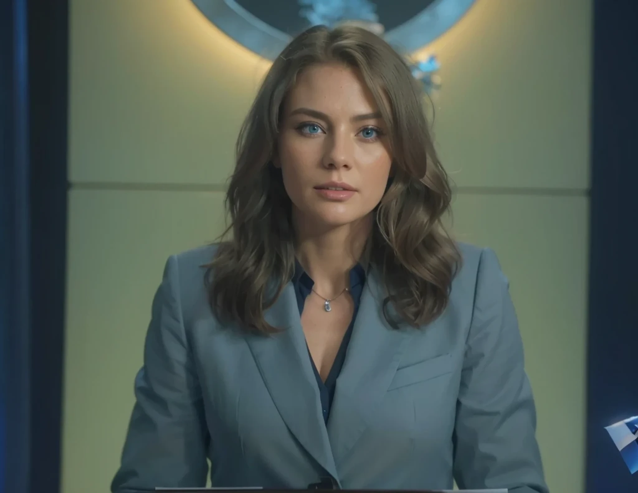 the most beautiful woman, beautiful Dutch milf face, blue eyes, long messy wavy blonde hair, white skin, dark blue two-piece formal suit, light blue shirt, she is speaking in a pulpit, big screen with blue world map, Ultra detailed , hyperrealistic, 4k, Ultra detailed image, realistic, Highly detailed, perfect composition, splendid, Intricately detailed, Incredibly detailed, 8 k artistic photography, hyper detailed, Masterpiece, Ultra detailed, hyper realistic , 4k, Ultra detailed image, realistic, Highly detailed, perfect composition, splendid, Intricately detailed, Incredibly detailed, 8 k artistic photography, hyper detailed, Masterpiece