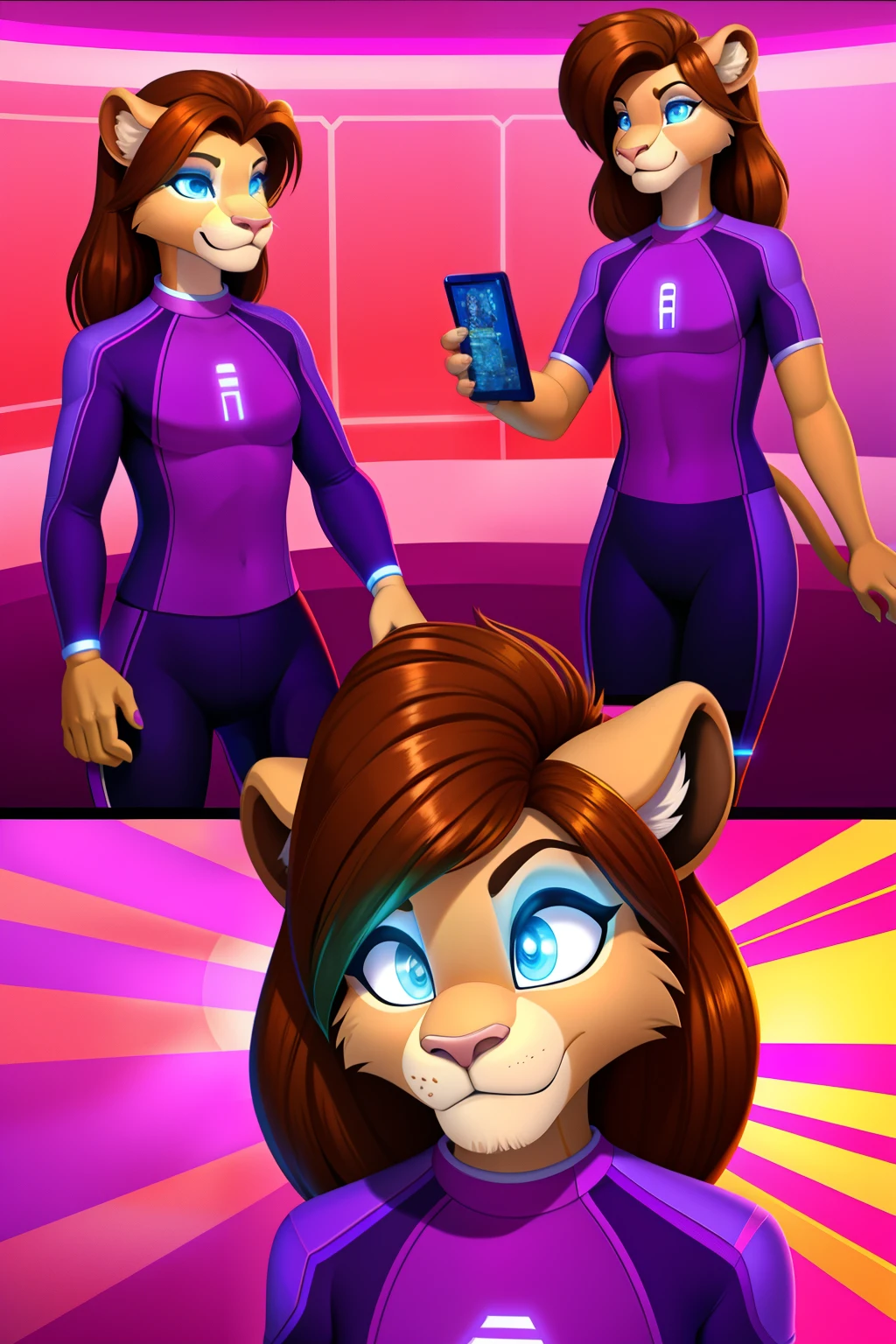 android housewife, lioness anthro, brown hair, blue eyes, glowing eyes, purple sportswear, mind-controlled, hypnotized, dazed, 3D Disney style