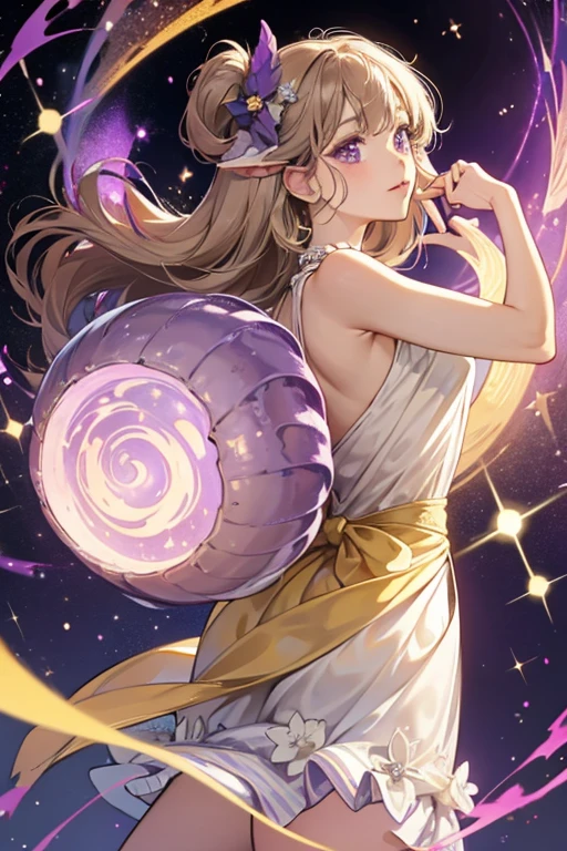 Bessie is a large purple . has two long eye  She has a light brown shell that is large with a swirl design on it.  beige colored and she has a blue. SPARKLE; GLITTER