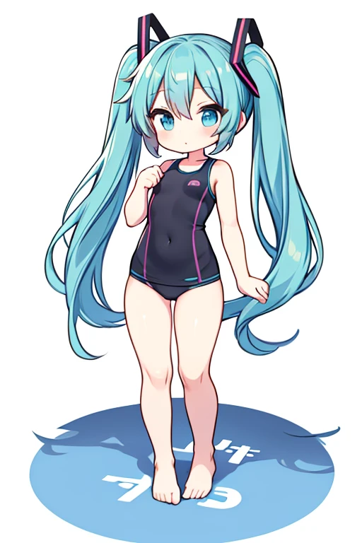 Chibi Miku, full body, tight exercise clothes. Warming up the body, white background
