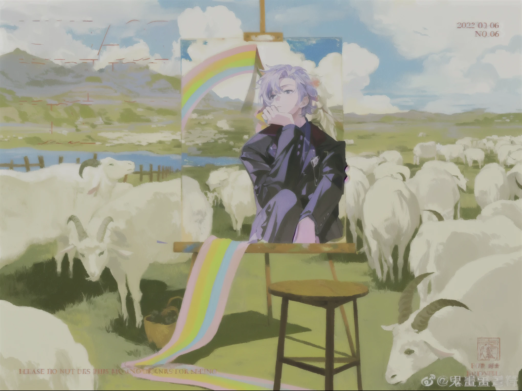 (best quality),(masterpiece),high details,extremely_detailed_CG_unity_8k_wallpaper,anime boy painting a picture of a rainbow over a field of sheep, ufotable art style, art cover, kentaro miura art, dreamy psychedelic anime, by Shitao, rainbow sheep like cotton candy, made with anime painter studio, [ 4 k digital art ]!!, 2 d art, 2d art, colorful art, zerochan art