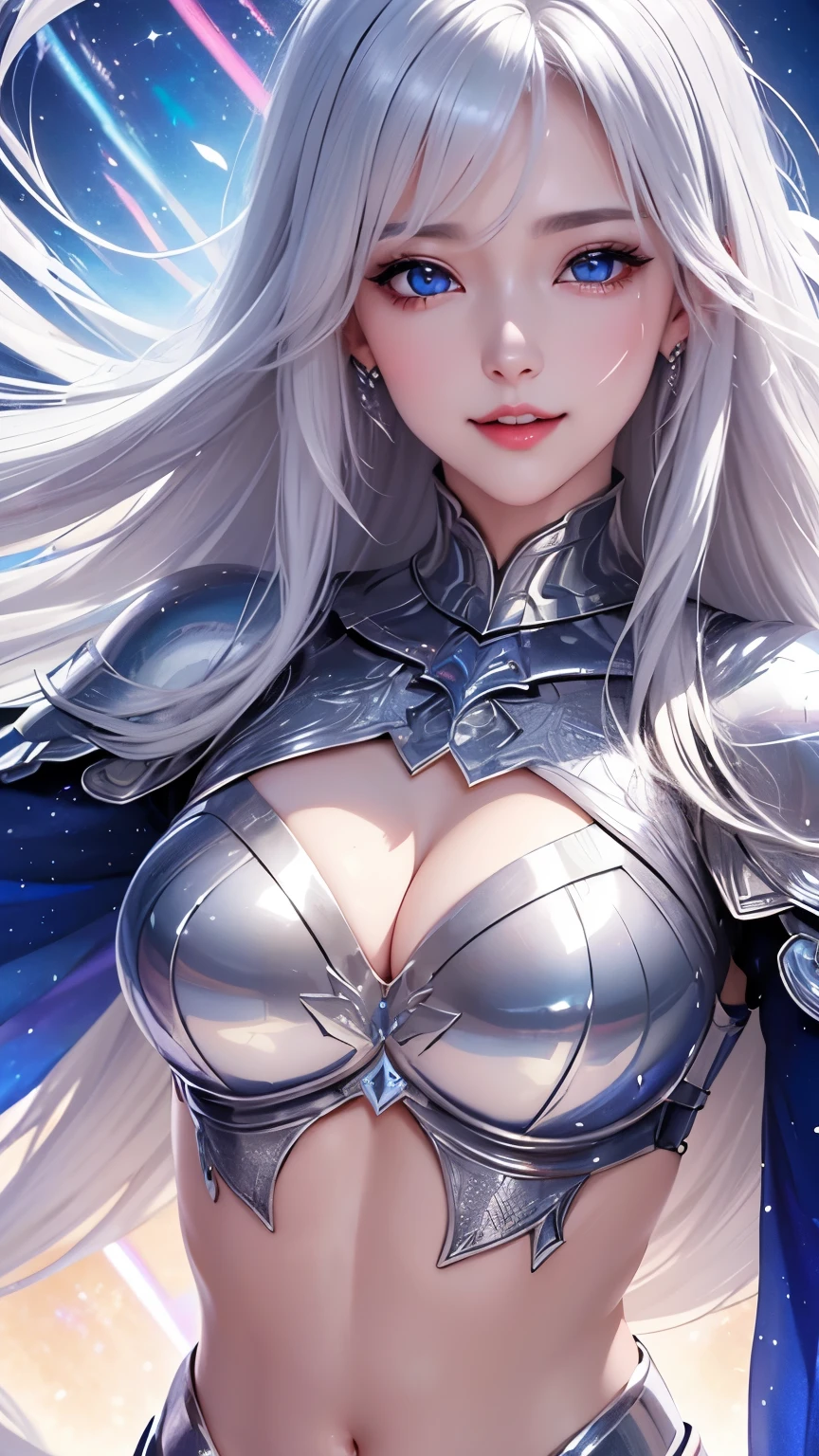 best quality, super fine, 16k, beautiful silver-haired knight, wearing shiny plated alloy armor on her chest and lower abdomen, anatomical diagram patterns painted in iridescent colors on the skin of the face and body, abs, holy sword, on the magic circle, background halation