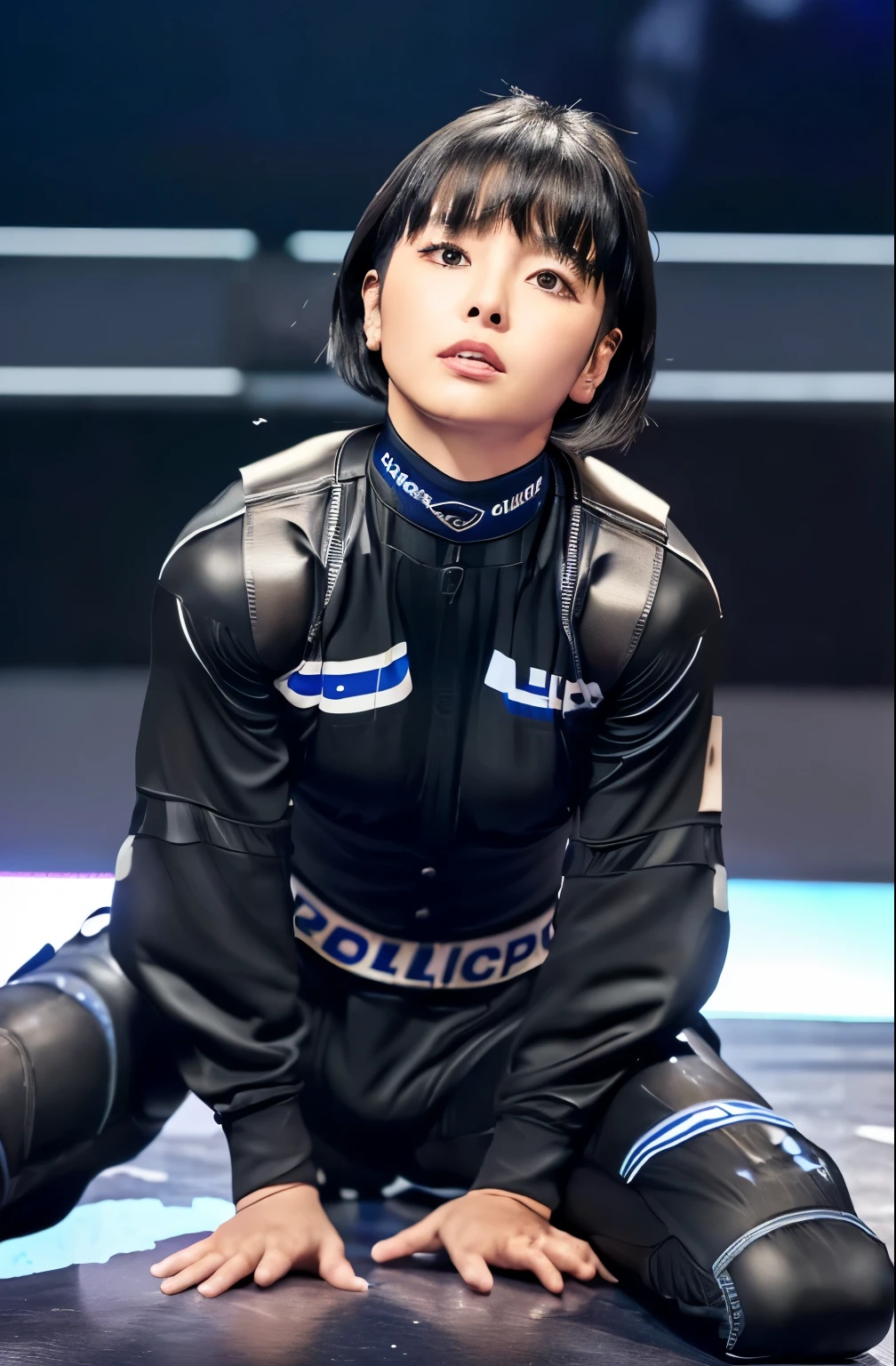 High resolution、Photorealistic、Hyperrealism、Slender body、Realistic、Beautiful Japanese Women、Black-haired、Medium Bob Hair、bangs、Detailed face、Detailed lips、Beautiful Eyes、Glowing Skin、one person、Ideal beauty、30 years old、(Big Breasts)、(The backdrop seen by the audience on stage at the show)、((((Black racing suit、I like police uniforms, Black and grey mech, Wearing a military harness, Has a submachine gun))))、((((Lying on the stage floor, look up、Cross-eyed、Close ~ eyes, sleep,  Unconscious、Spread your legs、Seduce)))),  ((Cowboy Shot, From below))