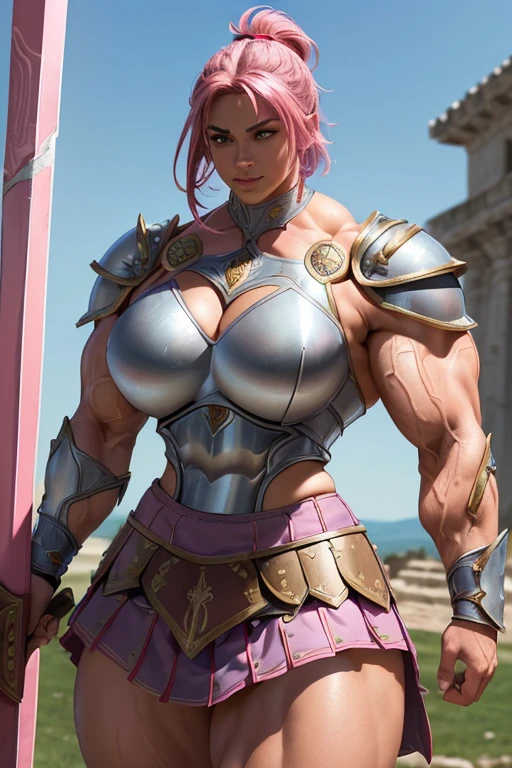 ((((Massive, tall, beautiful, buff, muscular brown skinned female gladiator with shocking pink hair, ginormous bulky muscles, holding a sword and shield and wearing an all pink gleaming gladiator armor and pleated skirt)))), (close view), black eyeliner, massive muscles, massive biceps, hyper muscle triceps, (angled bob cut), red eyes, gladiator boots, In a Roman city, steel gladiator armor, armor breastplate, nighttime, confident smile, (hyper muscles arms), hyper muscle legs, (ginormous arms)