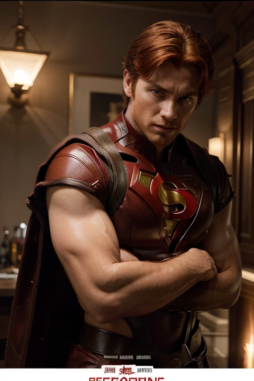Movie poster of a handsome and strong male superhero with elegant red hair, vestindo um sobretudo masculino de couro escarlate seduzente