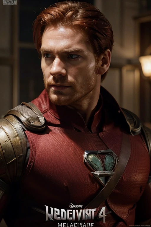 Movie poster of a handsome and strong male superhero with elegant red hair, vestindo um sobretudo masculino de couro escarlate seduzente