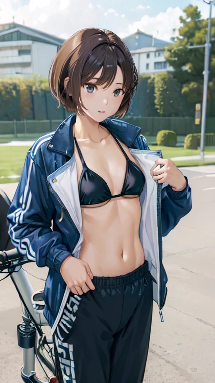 (((Masterpiece))), Shizuka Mikazuki, 1 girl, alone, looking at the audience, short hair, brown hair, Good bikini,track pants,long sleeve, rift, Medium bust,navel, gag, collarbone, jacket, open clothes, open jacket, blue jacket, ground vehicles, bicycle,