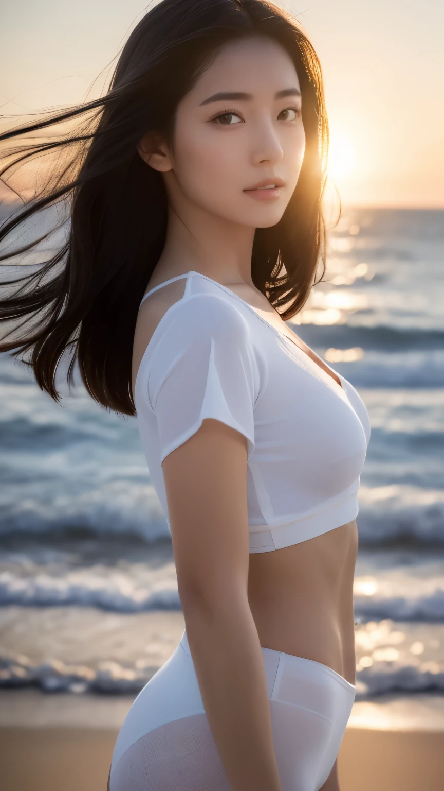 (logo、masterpiece、8k、Tabletop、RAW Photos、wonderful、最high quality、Photorealistic and Very detailed CG integrated 8k wallpaper、high quality、Very detailed、Narrative poem、Particle Effects、Dynamic Effects、Written boundary depth、Cinematic Light、Lens flare、Ray Tracing)、Fantasy、 (One beautiful woman、White pants、White T-shirt、White tube top、White crop top、Black-haired、Beautiful Face、True Face、Beautiful details、eye、Beautiful Skin、Ultimate Body、glamorous)、私の髪はWindに舞う、Hair flutters in Wind、Hair bounces、Seaside、wonderful景色、Coastal、sunrise、Sun in the background、Wind、Beach