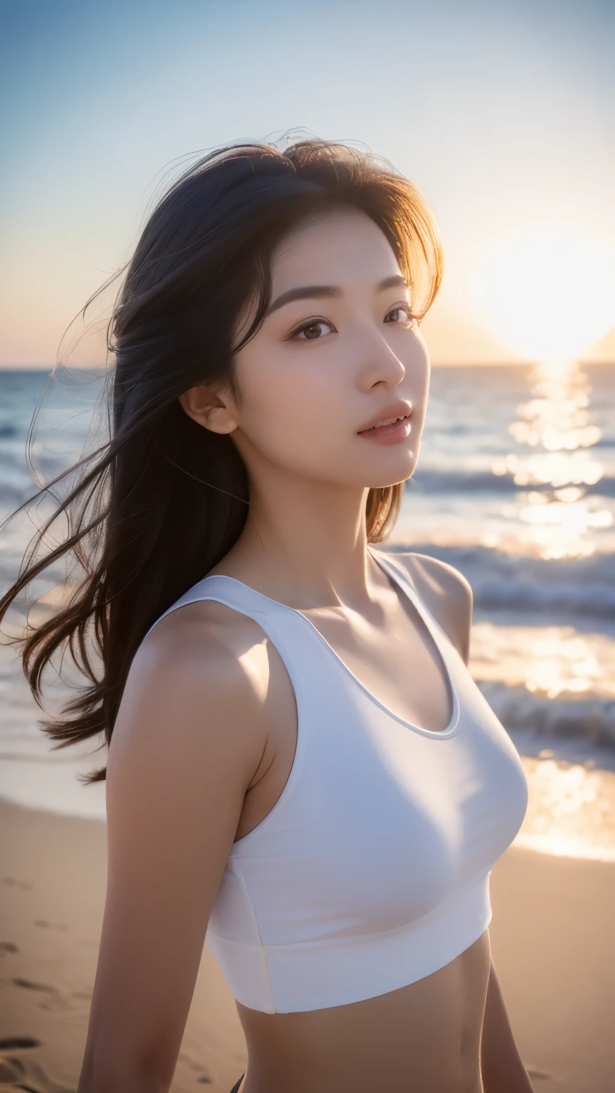 (logo、masterpiece、8k、Tabletop、RAW Photos、wonderful、最high quality、Photorealistic and Very detailed CG integrated 8k wallpaper、high quality、Very detailed、Narrative poem、Particle Effects、Dynamic Effects、Written boundary depth、Cinematic Light、Lens flare、Ray Tracing)、Fantasy、 (One beautiful woman、White pants、White T-shirt、White tube top、White crop top、Black-haired、Beautiful Face、True Face、Beautiful details、eye、Beautiful Skin、Ultimate Body、glamorous)、私の髪はWindに舞う、Hair flutters in Wind、Hair bounces、Seaside、wonderful景色、Coastal、sunrise、Sun in the background、Wind、Beach