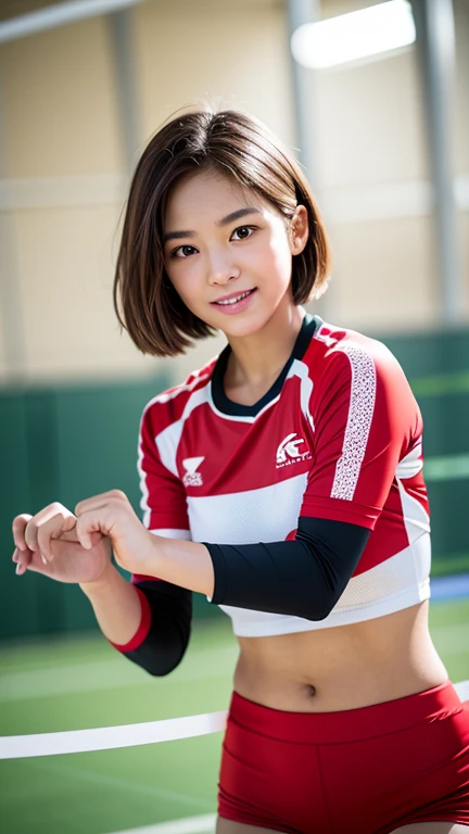 ((Whole body 1.4)),Front shot,masterpiece, highest quality, RAW Photos, 8k, Highly detailed face, One girl, close, Beautifully detailed skin, Backlight, Soft Light, Shy, (Shoot from the front:1.2), Smile, open your mouth to say something, Illuminate, Anatomically correct, short hair, Windblown Hair, Eyes and facial details, Textured skin, Professional photography, Bokeh, Portraiture, Professional Lighting, alone, cute, Girlish, Film Grain, Red volleyball player uniform,Tight fitting hot pants type、Focus up to the knees、Volleyball court,indoor