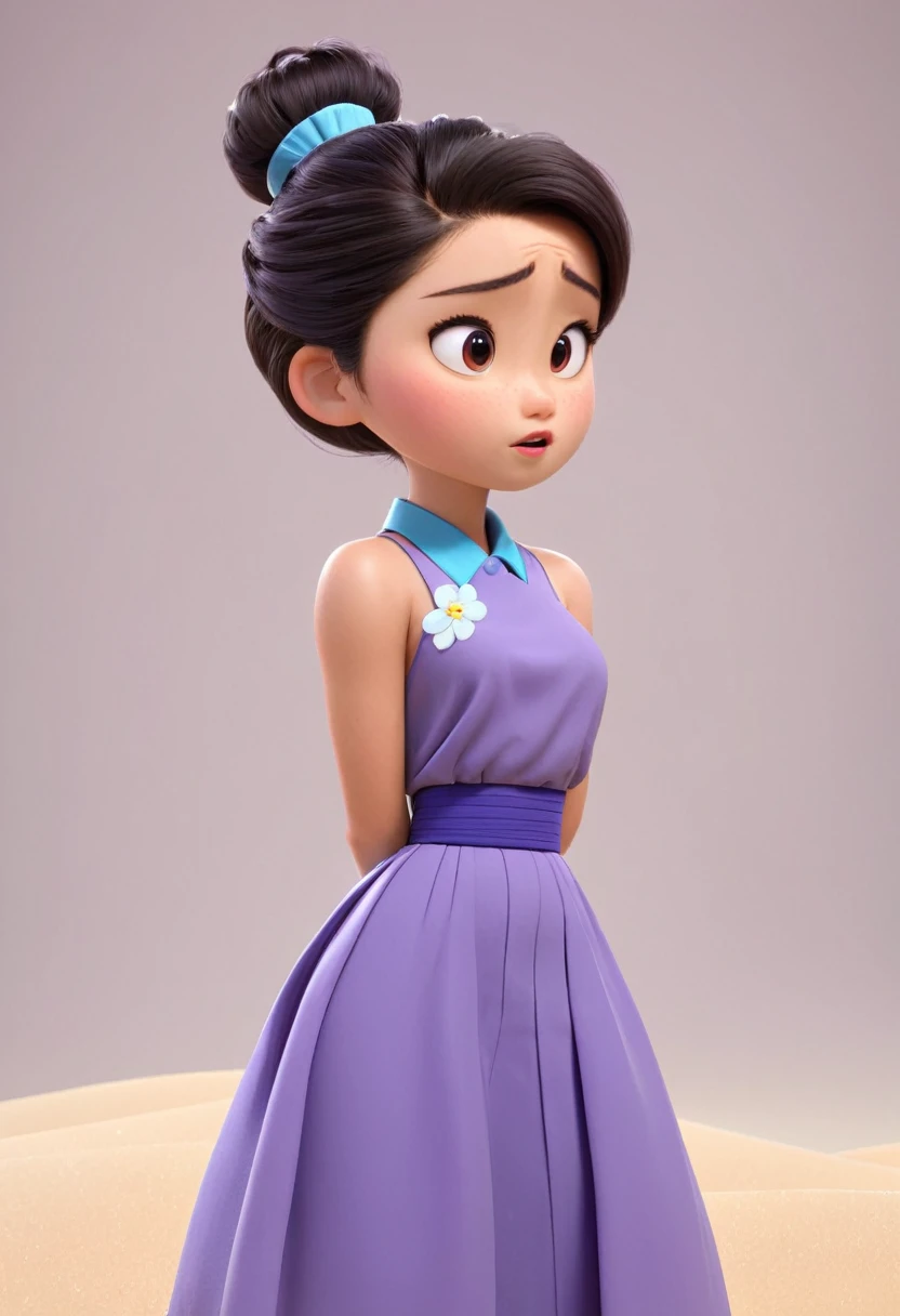 Une Japonaise de , cheveux violet chignon en hauteur, collier bleu, dark gray tank top, terrified, englouti jusqu'à la taille dans le sable mouvant, style 3d pixar, (best quality, 4k, 8k, High resolution, chef-d'artwork:1.2), Ultra-detailed, (Realistic, photoRealistic, photo-Realistic:1.37), portraits, Des couleurs vives