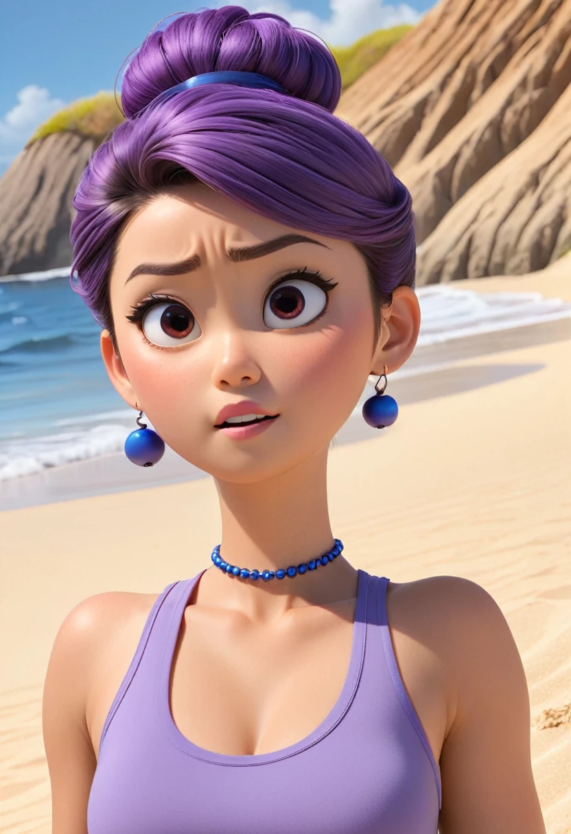 Une Japonaise de 16 ans, cheveux violet chignon en hauteur, collier bleu, dark gray tank top, terrified, englouti jusqu'à la taille dans le sable mouvant, style 3d pixar, (best quality, 4k, 8k, High resolution, chef-d'artwork:1.2), Ultra-detailed, (Realistic, photoRealistic, photo-Realistic:1.37), portraits, Des couleurs vives