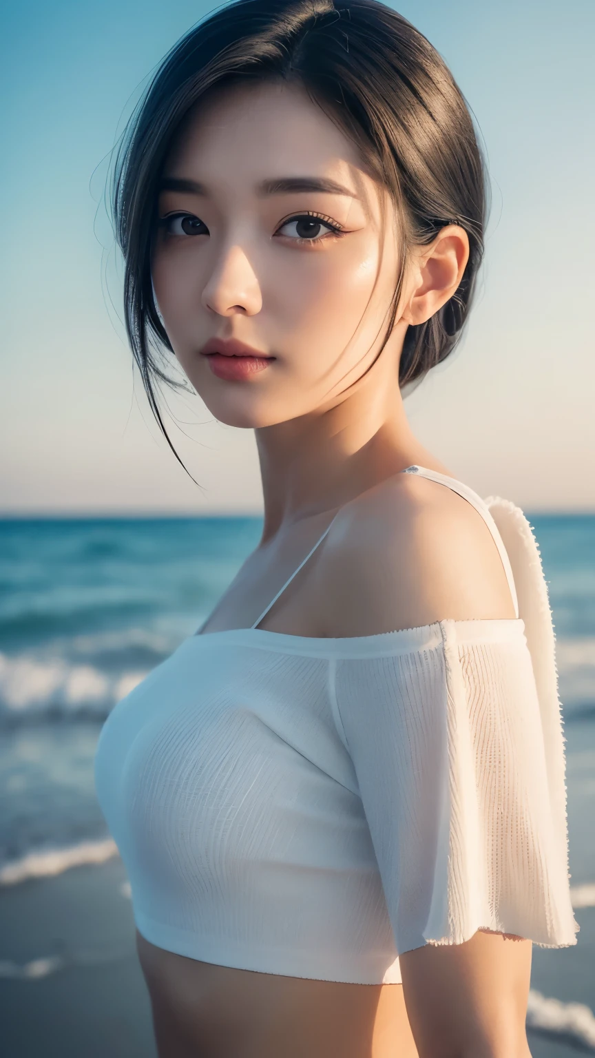 (logo、masterpiece、8k、Tabletop、RAW Photos、wonderful、最high quality、Photorealistic and Very detailed CG integrated 8k wallpaper、high quality、Very detailed、Narrative poem、Particle Effects、Dynamic Effects、Written boundary depth、Cinematic Light、Lens flare、Ray Tracing)、Fantasy、 (One beautiful woman、White pants、White T-shirt、White tube top、White crop top、Black-haired、Beautiful Face、True Face、Beautiful details、eye、Beautiful Skin、Ultimate Body、glamorous)、私の髪はWindに舞う、Hair flutters in Wind、Hair bounces、Seaside、wonderful景色、Coastal、sunrise、Sun in the background、Wind、Beach