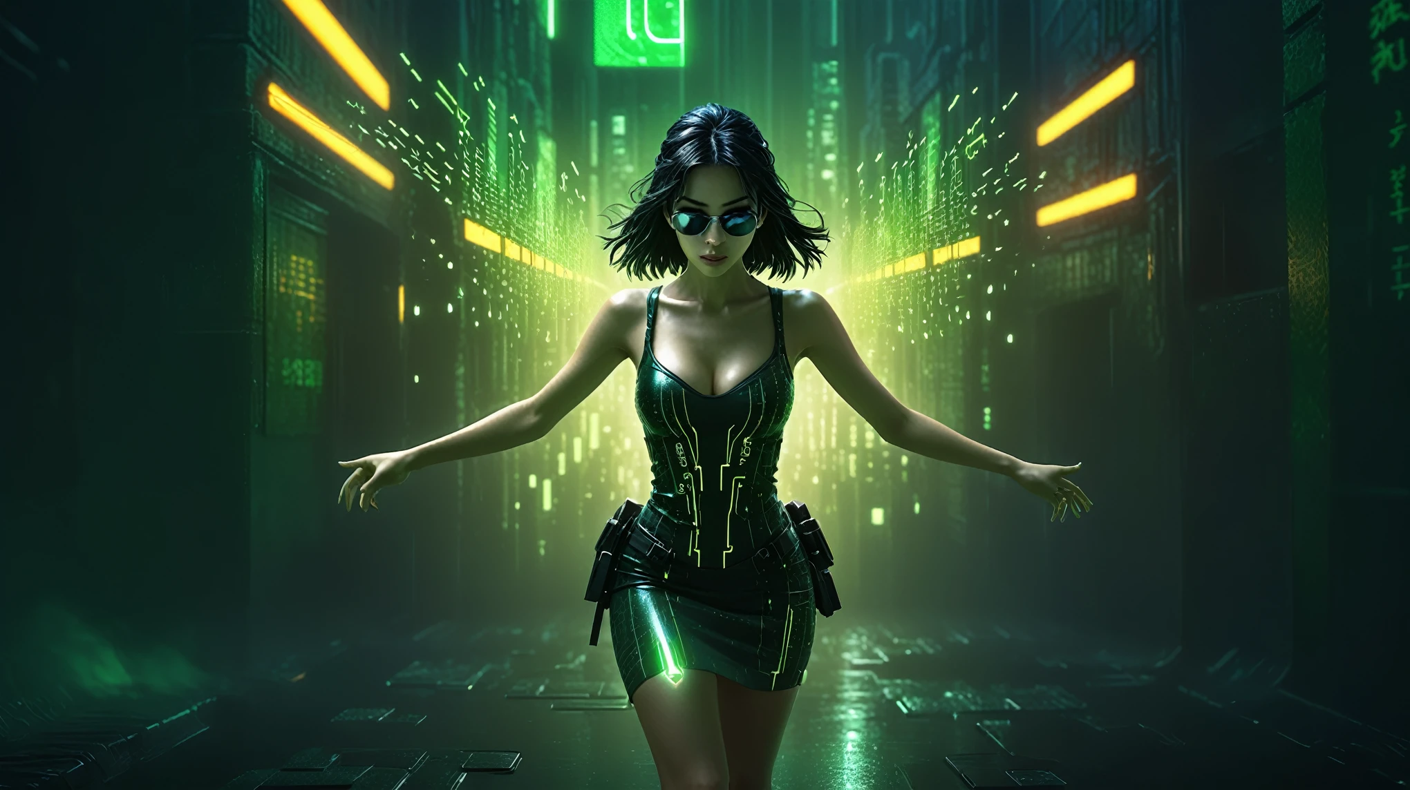 High quality 3d background in matrix style, a vibrant modern city. Everything is entirely made out of streams of matrix code, miniscule luminating bright green japanese katakana symbols, single digit numbers and special characters like colons and dashes., epic royal background, symmetrical, Greg Rutkowski, Charlie Bowater, Beeple, Unreal 5, hyperrealistic, dynamic lighting, fantasy art. at night, (((1girl, solo))), photo realistic, (((large-:1.2 slim hologram woman, cleava((tube top, extreamly short miniskirt))), matrix style sunglasses, holding a short gun, (((looking at camera))), (((low angle view))), (((((half-body thigh level medium shot))))), (((cinematic lighting))), blur background.