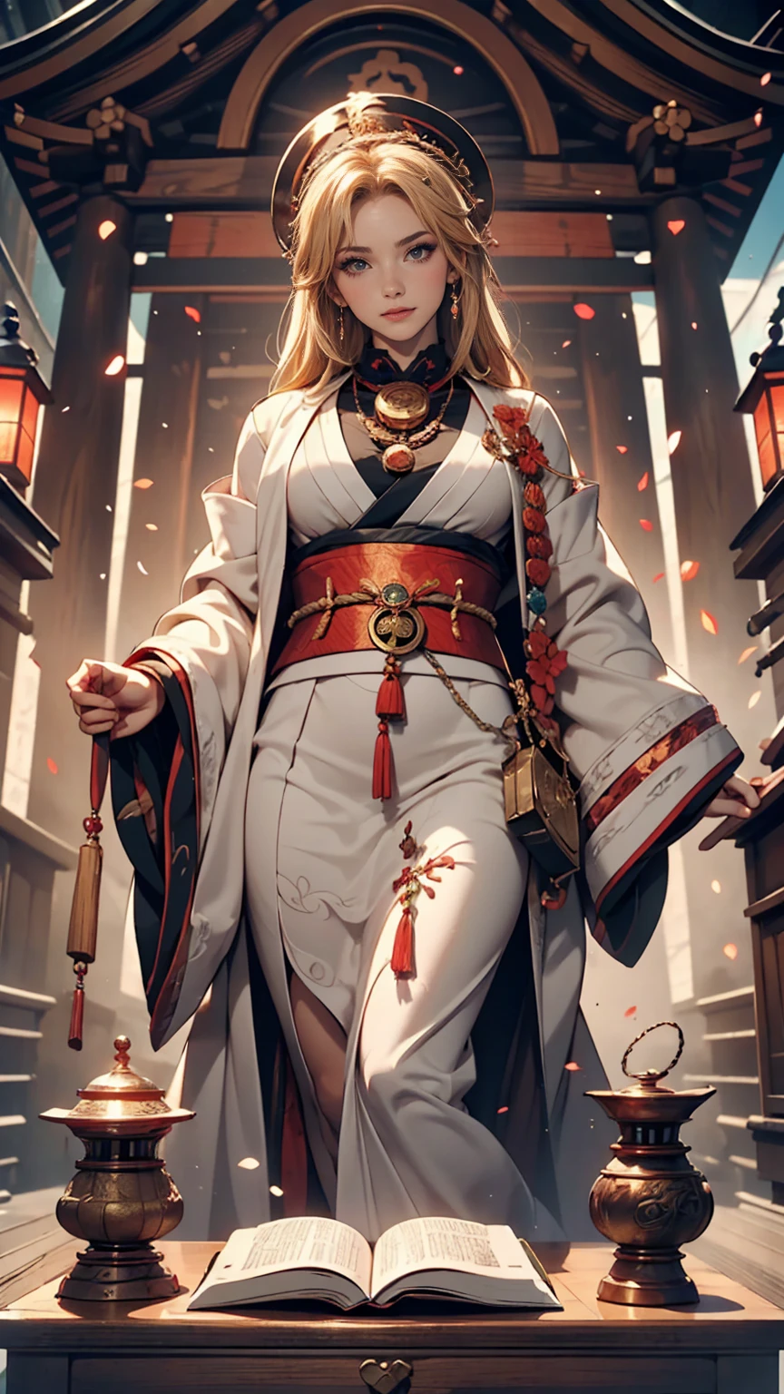 (One girl:1.3),alone,__Body parts__,, Official Art, unity 8k wallpaper, Super detailed, beautiful and aesthetic, beautiful, masterpiece, highest quality,A fantastic atmosphere, Calm palette, Calm mood, Soft Shading,, Shrine maiden, incantation, Amulet Familiar, Shrine maidenの務め,