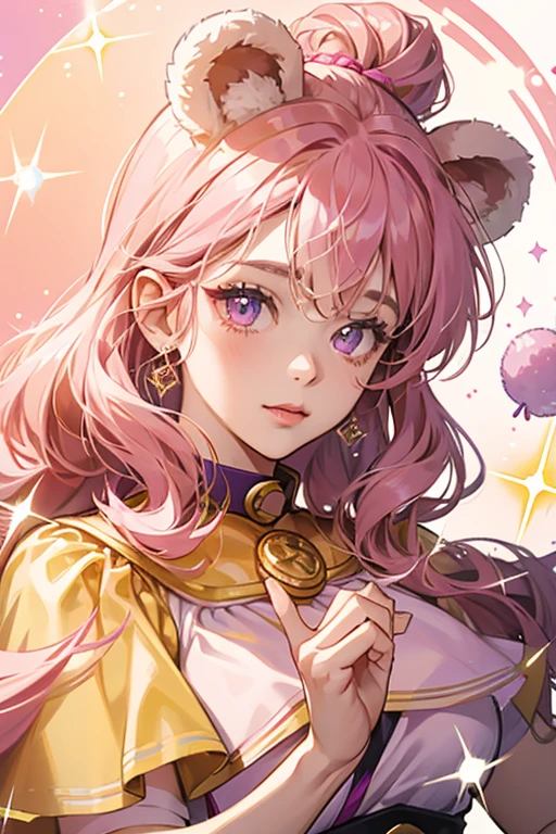She is a peach colored bear with purple eyes and a pink nose. She spots a swirl of hair on her head. She wears a yellow collar with the T.O.T.S. symbol . SPARKLE; GLITTER