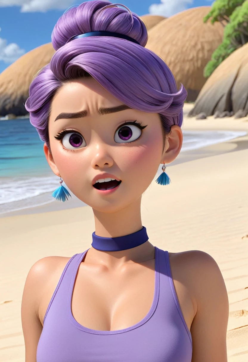 Une Japonaise de 16 ans, cheveux violet chignon en hauteur, collier bleu, dark gray tank top, terrified, englouti jusqu'à la taille dans le sable mouvant, style 3d pixar, (best quality, 4k, 8k, High resolution, chef-d&#39;artwork:1.2), Ultra-detailed, (Realistic, photoRealistic, photo-Realistic:1.37), portraits, Des couleurs vives