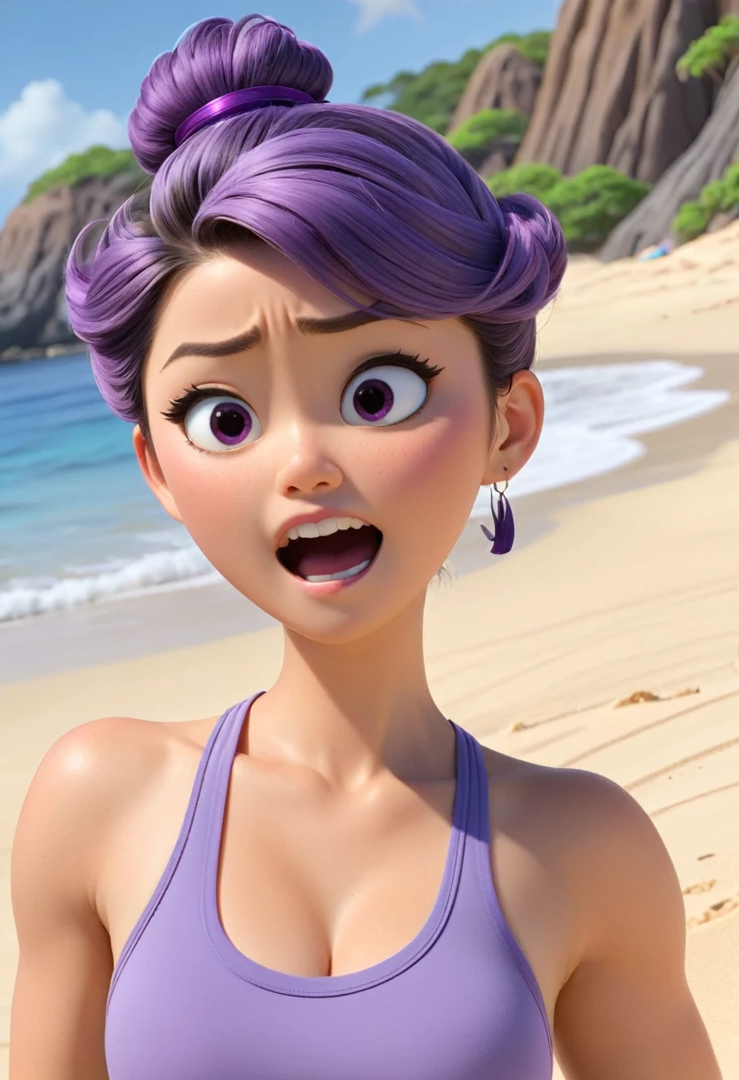 Une Japonaise de , cheveux violet chignon en hauteur, collier bleu, dark gray tank top, terrified, englouti jusqu'à la taille dans le sable mouvant, style 3d pixar, (best quality, 4k, 8k, High resolution, chef-d'artwork:1.2), Ultra-detailed, (Realistic, photoRealistic, photo-Realistic:1.37), portraits, Des couleurs vives