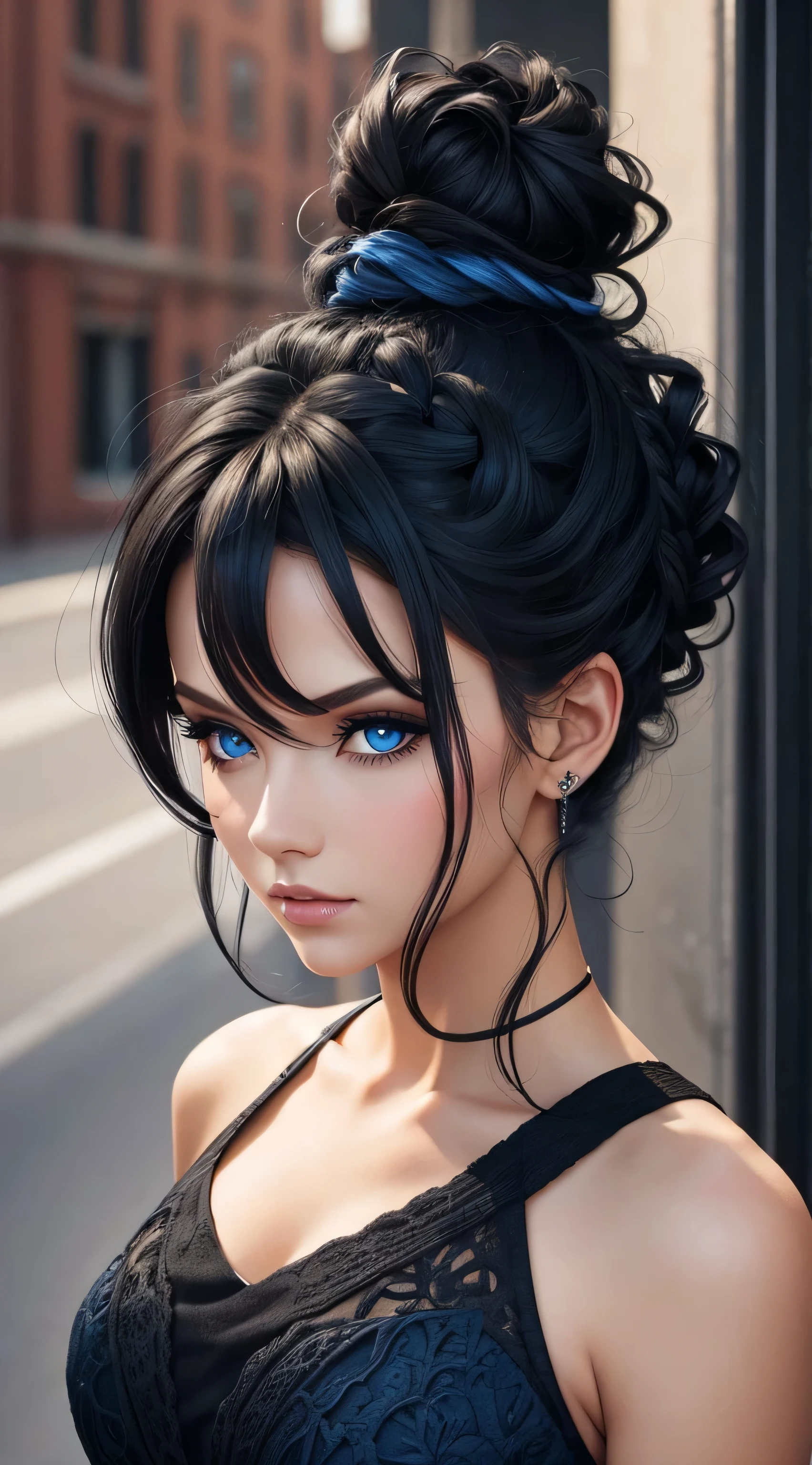 Black updo hair,Dark blue eyes