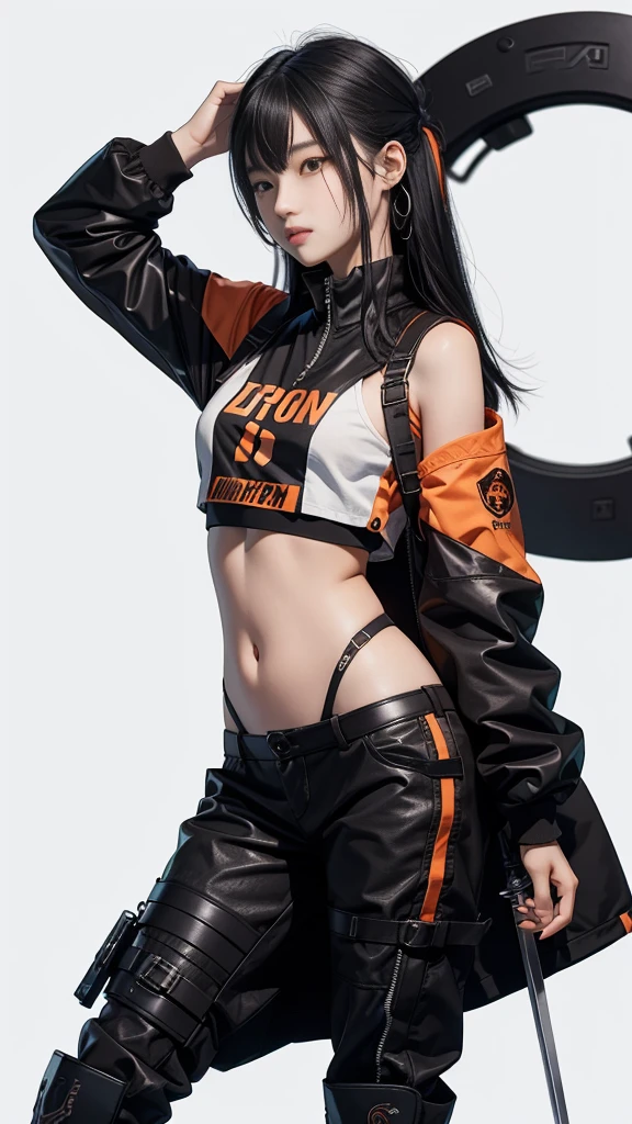 An 18 year old Korean age girl, Douyin, wears cool cyberpunk style clothes in variations of black and orange, poses coolly holding a sword, on a white background.