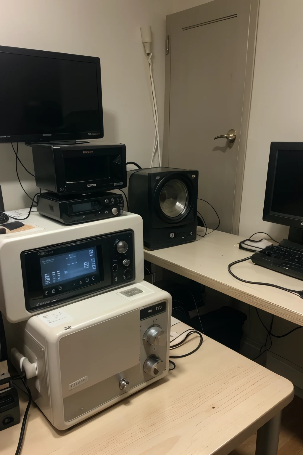 Image with communication and media instruments on a table
