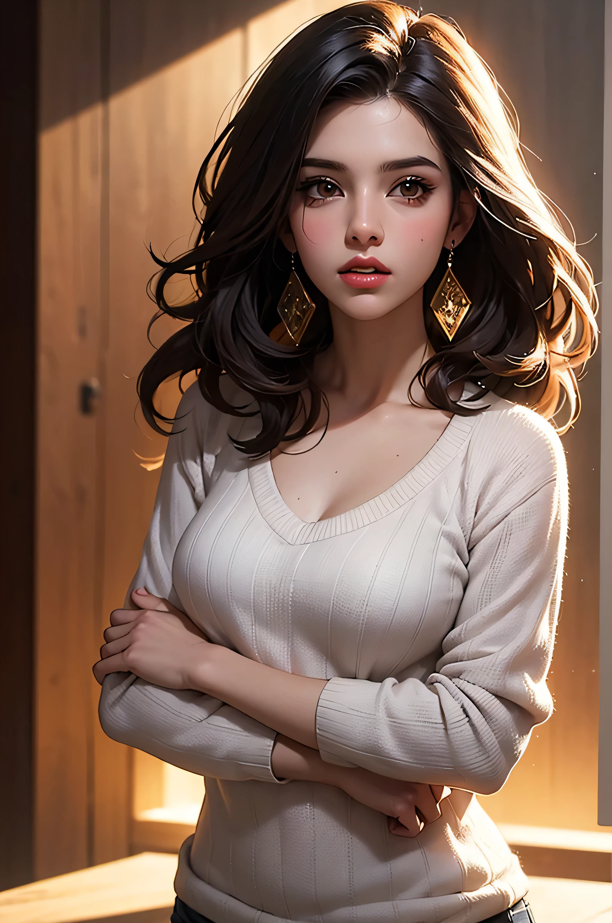 fantasy art, fotorrealismo, dynamic lighting, art station, poster, volumetric lighting, Caras muy detalladas, (Uniforme oficial: 1.4), pelo largo, sweater, Delicate Collarbone, hombros descubiertos, pechos llenos, mujer latina, between 25 to 30 years, modelo de Instagram