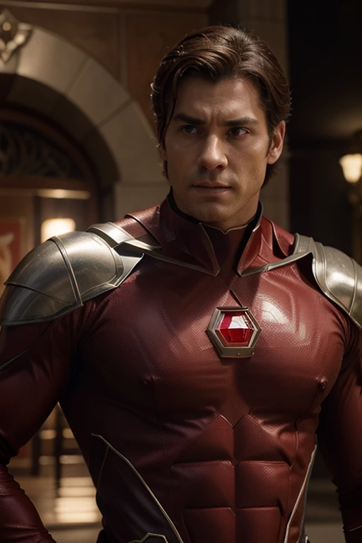 Movie poster of a male superhero with a red diamond on his chest, bonito e forte de cabelo ruivo elegante, vestindo um sobretudo masculino de couro escarlate seduzente