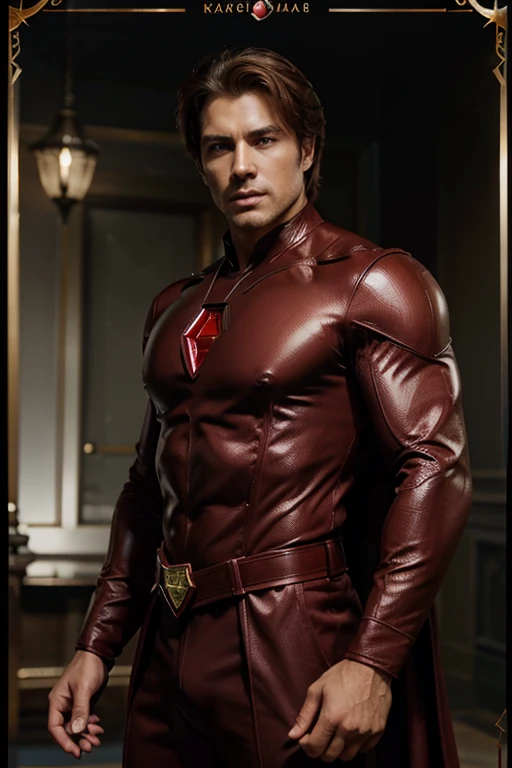 Movie poster of a male superhero with a red diamond on his chest, bonito e forte de cabelo ruivo elegante, vestindo um sobretudo masculino de couro escarlate seduzente