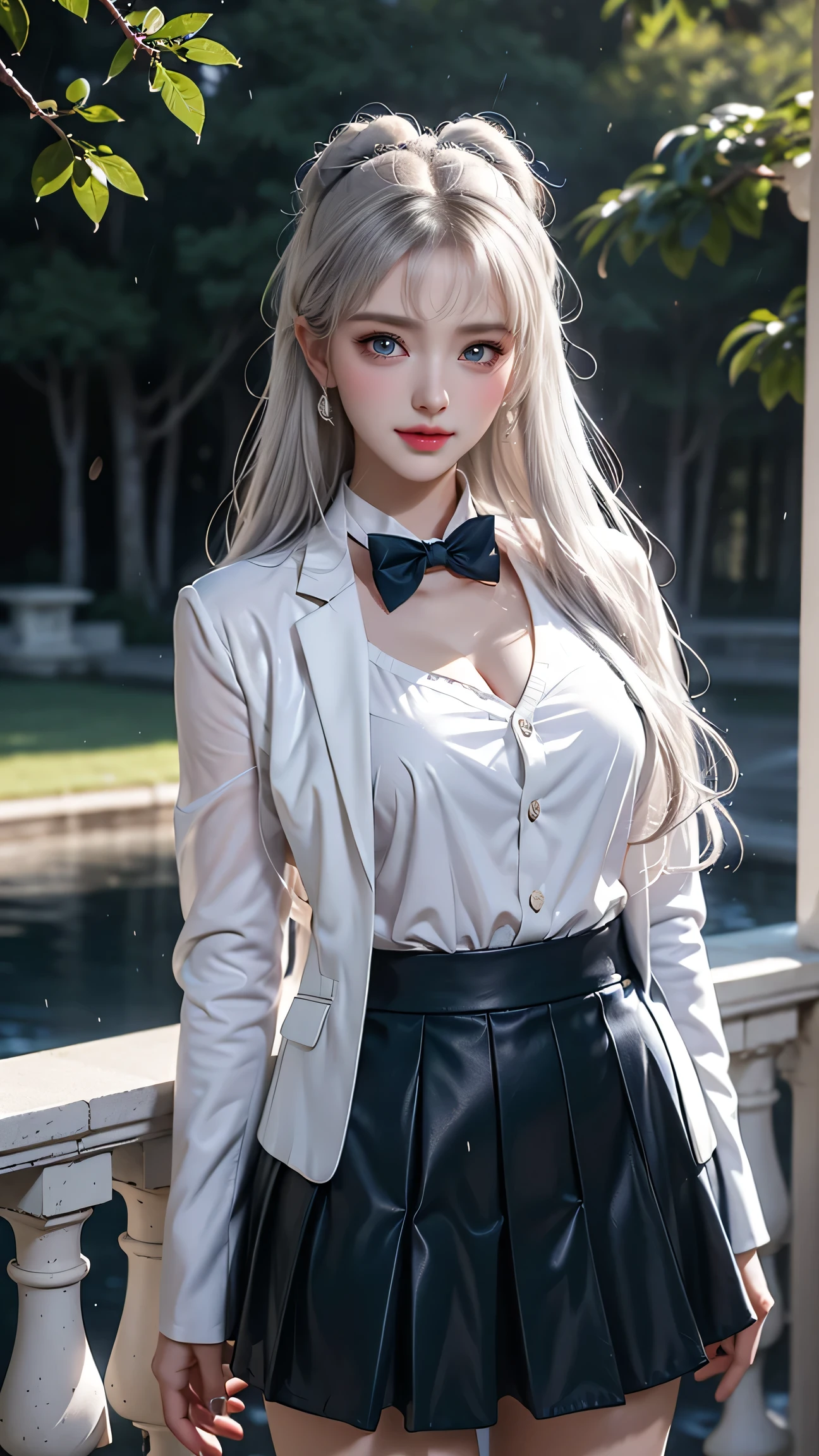 Top quality work、Actual work、Ultra Premium Graphics、8K HD CG Works、High quality graphics、High resolution CG work、10x pixels、Extremely fine detail:1.1、Advanced technical details:1.1 Photorealistic、Indoor Lighting Effects:1.5、Natural light:1.5。Light effects(Virtual Light Effects:1.8)、長いSilver Hair、Silver Hair、Transparent Hair、Hair with attention to detail(Premium Hair Detail:1.1)Clear Eyes、Beautiful double eyelids、Sharp eye make up、Delicate eyelash makeup、Thin eyebrows、Highly detailed eyes、High nose、Nice red lips、Rose Cheeks、A face with subtle makeup、Cute face、Perfectly Proportioned Face、(Advanced Face Detail:1.1)、The moonlight pours down like water,Foggy Room,Like a fairy in a painting,slim and sexy legs,A beautiful face is beautiful and delicate,Like a finely carved piece of jade,The waves in my eyes are like twinkling stars,It shows patience and wisdom。The bridge of the nose is straight、Cherry Blossom Lip Color、Her face is clear、Her skin is as white as jade、Gives a healthy glow、Her makeup is light and subtle、Not too decorative、A light-toned foundation will enhance the clarity of your skin.、eye make up:Eyeshadow and eyeliner、Keep her eyes bright and cheerful、Adds a touch of glamour and sophistication、Clothes Fluttering、Her hair is casually tied back,Fixed with hosta,A few strands of hair are swaying gently in the wind,Add a little softness、It captivated everyone.、Elegance、Mystery、Full of power、 Improves skin clarity,((A high school girl standing in a park after the rain))、((Wet white blazer))、((Translucent wet white blouse、Red bow tie、Dark blue checked skirt))。