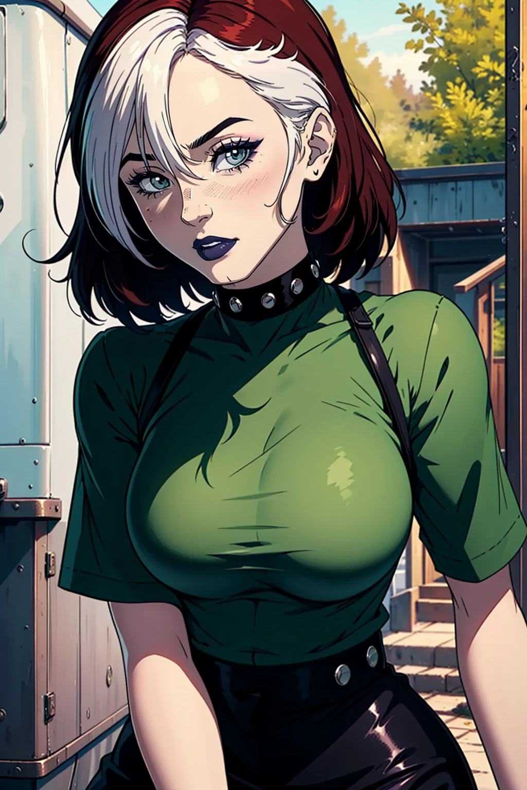 (masterpiece, best quality, ultra-detailed), 1girl, RogueXME, two-tone hair, (red hair), white bangs, green eyes, purple makeup, purple lipstick, studded collar, medium breasts, green shirt, black skirt, mini skirt, outdoors
