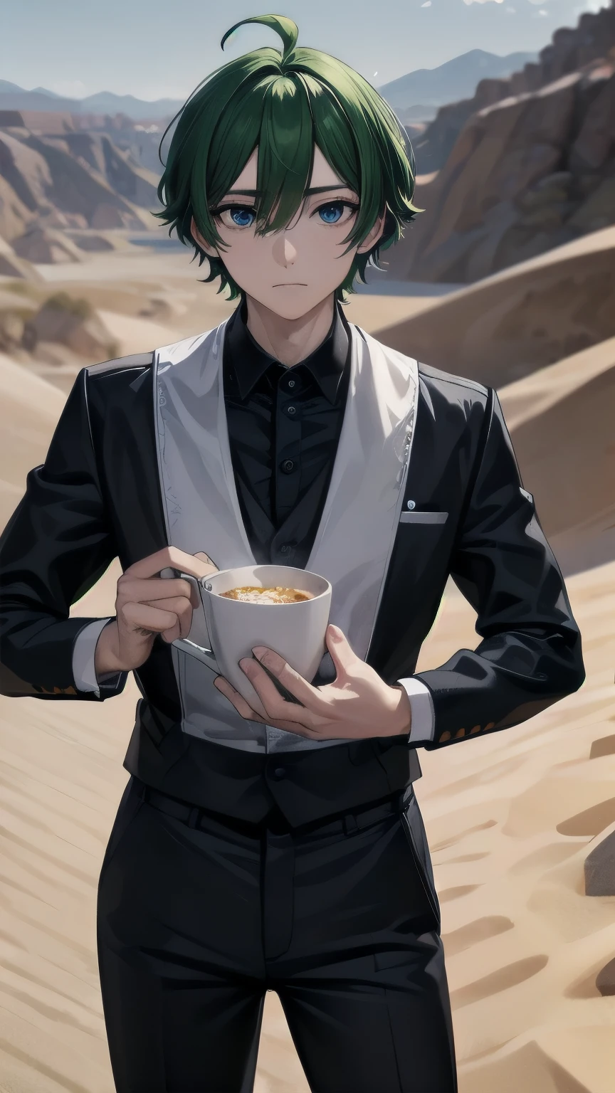 (masterpiece), ((sfw)), best quality, expressive eyes, perfect face, mature male, (1boy, adult Man), young adult, young man, solo, Green hair BREAK ahoge, blue eyes BREAK bodysuit, black suit, :/, standing, desert, sand, landscape, day, outdoors