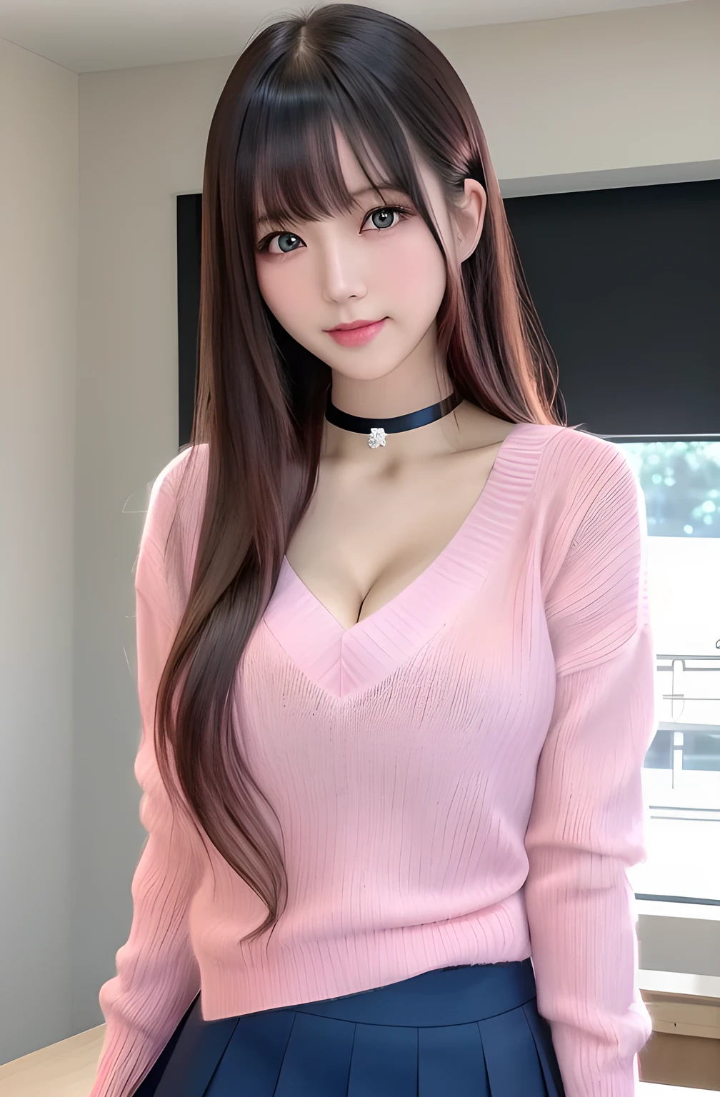 Product quality, One girl per photo, Cowboy Shot, Front view, Cute young Japanese women, Long Bob Hair, Standing with a smile, ((Wear a pink V-neck sweater, mini skirt, uniform)), Super cute face, Glossy Lips, Double eyelids on both eyes, Natural Makeup, shiny smooth light brown hair of Long Bob Hair, asymmetrical bangs, High resolution, Attention to detail, Detailed hairstyle, Detailed face, Cinema Lighting, Octane Rendering, Ultra-realistic, Perfect limbs, Perfect Anatomy, Black choker, Blue Eyes, Very long eyelashes, bangs, Fantasy, ((Slim body, Slim face, Cleavage)), A good attitude, Country Road
