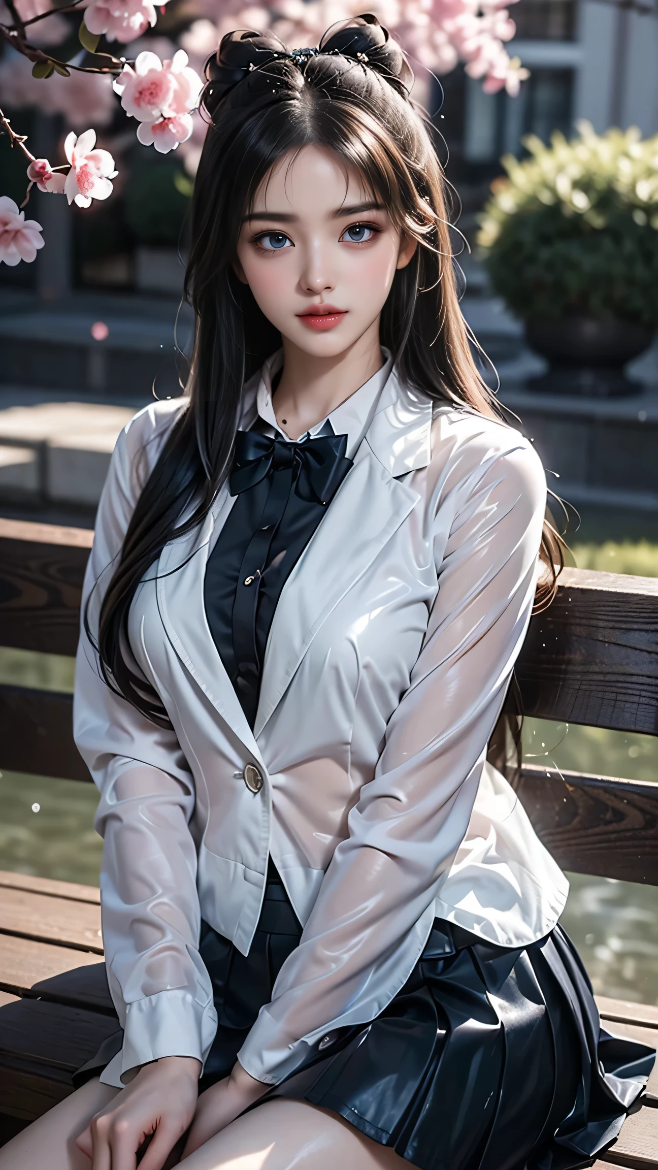 Top quality work、Actual work、Ultra Premium Graphics、8K HD CG Works、High quality graphics、High resolution CG work、10x pixels、Extremely fine detail:1.1、Advanced technical details:1.1 Photorealistic、Natural light:1.5。 Light effects(Virtual Light Effects:1.8)、長いSilver Hair、Silver Hair、Transparent Hair、Hair with attention to detail(Premium Hair Detail:1.1)Clear Eyes、Beautiful double eyelids、Sharp eye make up、Delicate eyelash makeup、Thin eyebrows、Highly detailed eyes、High nose、Nice red lips、Rose Cheeks、A face with subtle makeup、Cute face、Perfectly Proportioned Face、(Advanced Face Detail:1.1) 、The moonlight pours down like water,Foggy Room,Like a fairy in a painting,slim and sexy legs,A beautiful face is beautiful and delicate,Like a finely carved piece of jade,The waves in my eyes are like twinkling stars,It shows patience and wisdom。 The bridge of the nose is straight、Cherry Blossom Lip Color、Her face is clear、Her skin is as white as jade、Gives a healthy glow、Her makeup is light and subtle、Not too decorative、A light-toned foundation will enhance the clarity of your skin.、eye make up:Eyeshadow and eyeliner、Keep her eyes bright and cheerful、Adds a touch of glamour and sophistication、 Clothes Fluttering、Her hair is casually tied back,Fixed with hosta,A few strands of hair are swaying gently in the wind,Add a little softness、It captivated everyone.、Elegance、Mystery、Full of power、 Improves skin clarity,((A high school girl sitting on a park bench after the rain))、((Wet white blazer))、((Translucent wet white blouse、Red bow tie、Dark blue checked skirt))。