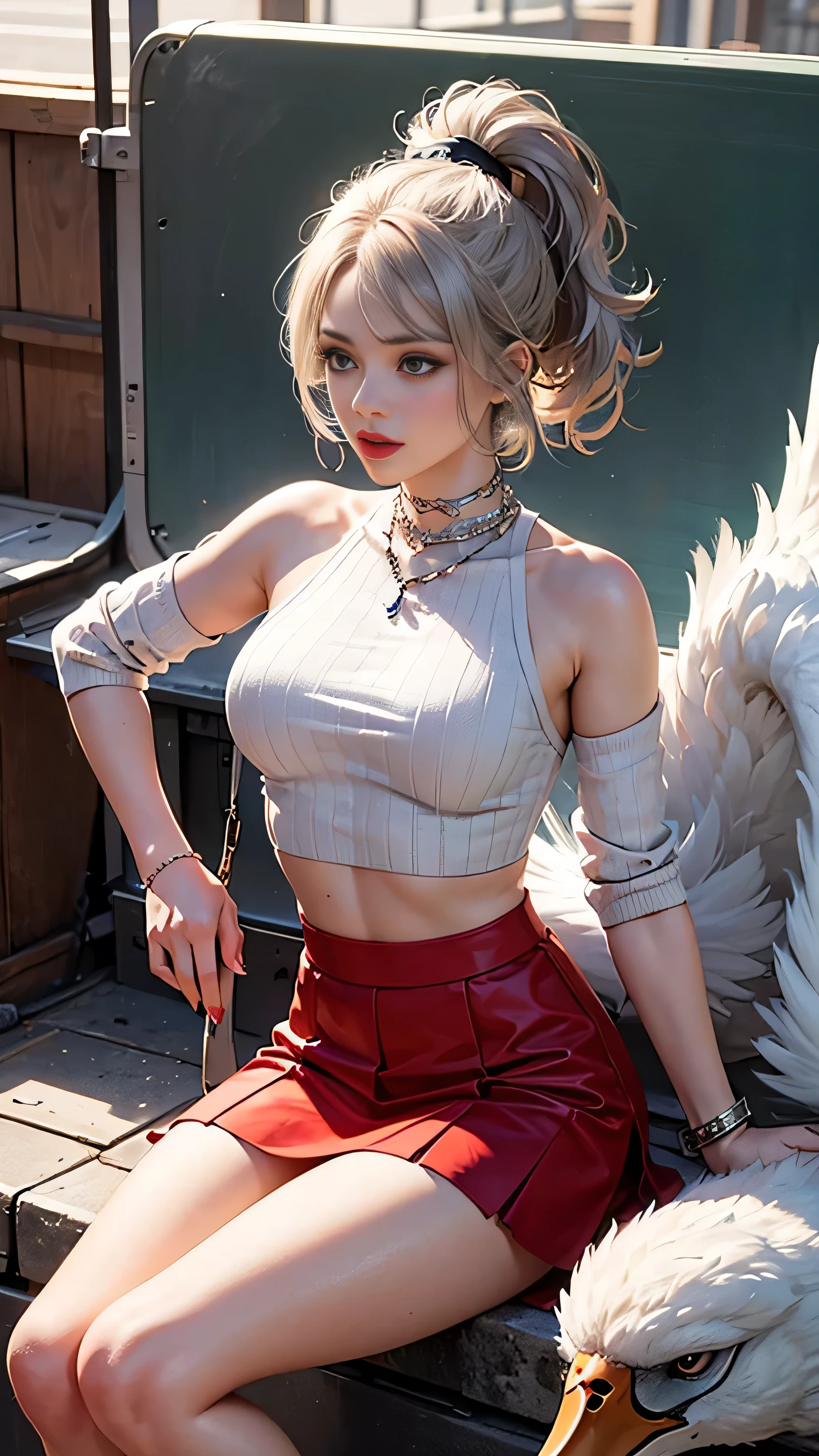 Ultra high quality,8K,gal girl,Sexy and feminine, high and cold,Enchanting,The head proportions are perfect,Gray high ponytail,Wear a sweatshirt monogram print, Short red high-waisted skirt,Flaming red lips,Swan neck,chokers,sun is shining