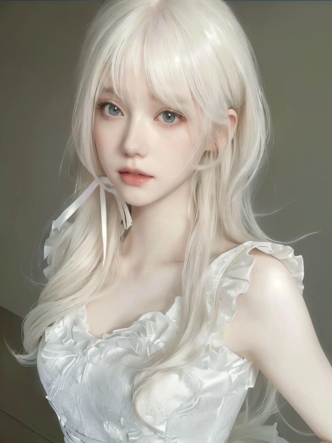 Blonde girl with long hair and a pink bow in a white dress, The hair is long, white and smooth., pale porcelain white skin, White Hime cut hairstyle, Pale milky white porcelain skin, white haired young woman, has long white hair, porcelain white skin, perfect white haired girl, has long white hair, Long blonde hair and big eyes, Anime girls in real life