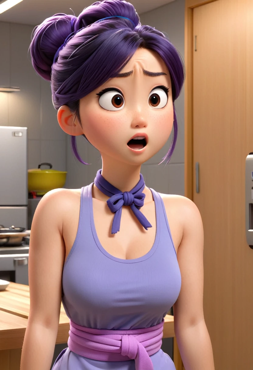 Une Japonaise de 16 ans, cheveux violet chignon en hauteur, collier bleu, dark gray tank top, terrified, Tied up, les main sur ses seins, style 3d pixar, (best quality, 4k, 8k, High resolution, chef-d&#39;artwork:1.2), Ultra-detailed, (Realistic, photoRealistic, photo-Realistic:1.37), portraits, Des couleurs vives