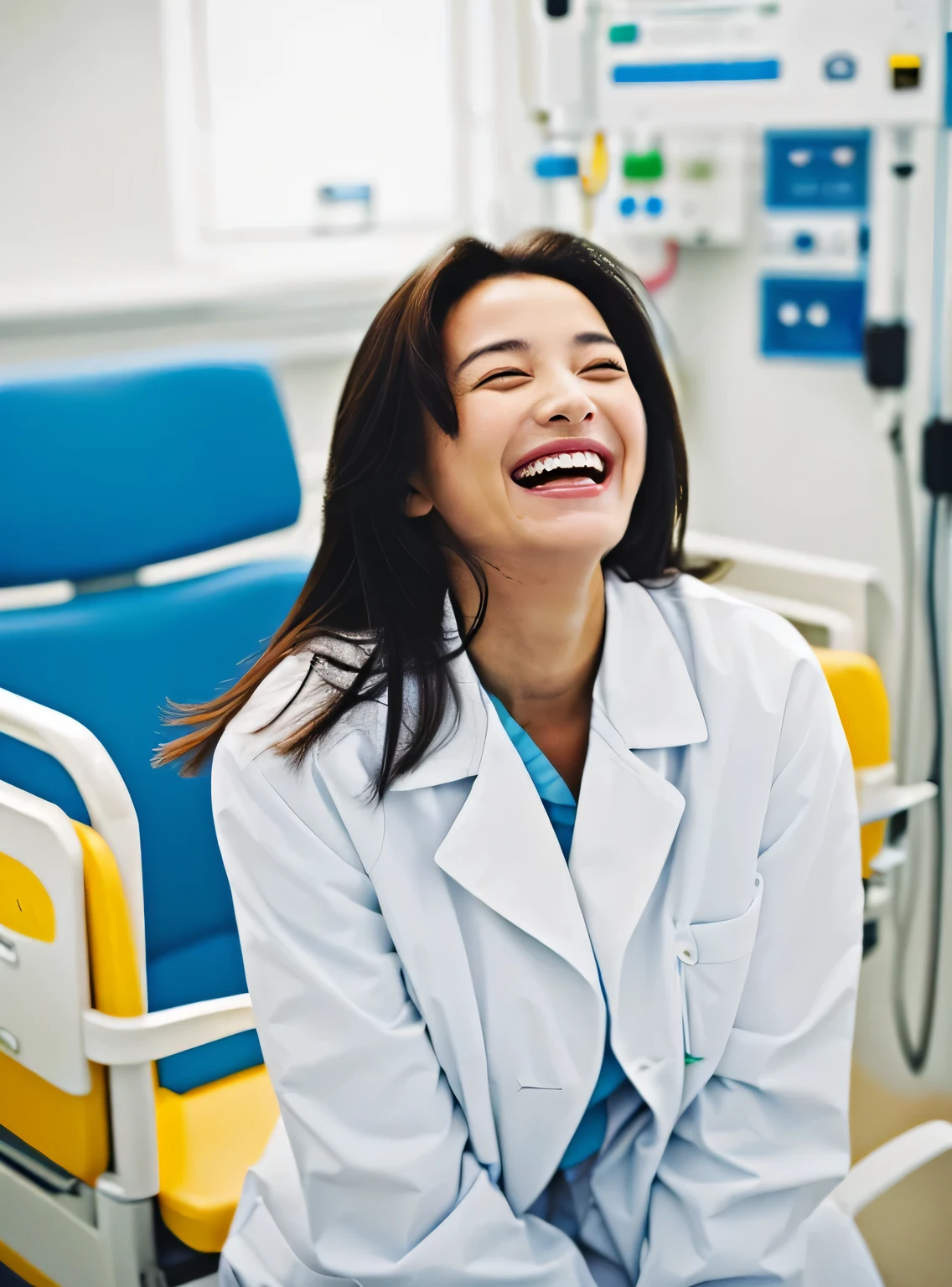 Laughing in a white coat in hospital