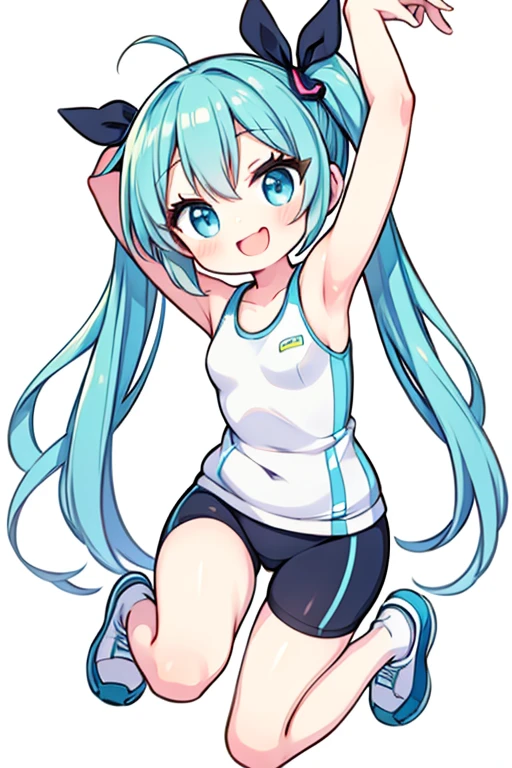 Chibi Miku, full body, bright smile, tight exercise clothes. Warming up the body, white background