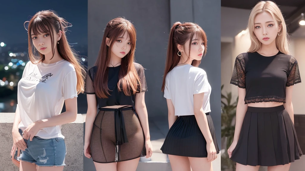 (night、Soft lighting、highest quality、In 8K、Masseter muscle area、RAW Photos:1.3)、Mysterious、Perfect beauty、Beautiful young woman with, Fantasy, Red colored eyes、Narrow eyes、Narrow eyes、Symmetrical eyes、Colorful Hair、Earrings、Thin bracelet on wrist、(mesh shirt、See-through shirt、Tight mini skirt:1.2)、Very detailed, Intricate details, Very detailedな顔と肌のタイプ、Because I'm Slim、、Detailed eyes、Realistic、Compensate、know、Fascinating、Beautiful posture、 、Medieval European streets、nightの街路、Invincible Smile、Dynamic Angle、1people