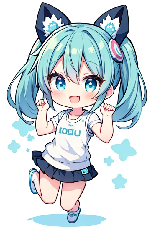 Chibi Miku, full body, bright smile, exercise clothes Wear a short skirt Warming up the body, white background