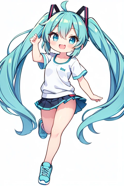 Chibi Miku, full body, bright smile, exercise clothes Wear a short skirt Warming up the body, white background