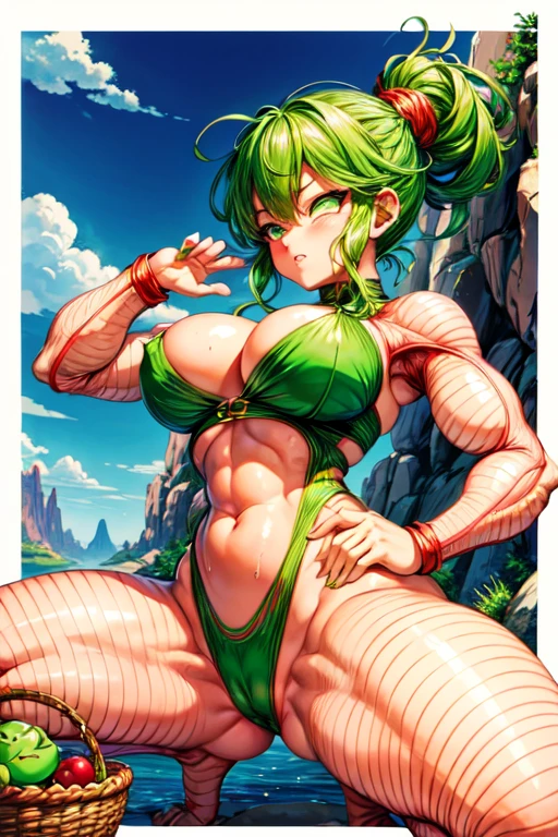 Browsing Caution、(highest quality:1.4)、High resolution、Detailed Background、desert、Females are smaller、Dragon Ball、Anatomically correct proportions、Green hair tied up、(Green skin)、((Browsing Caution、Big Breasts))、Erect nipples、Sweaty skin、Spread your legs and do a squat、Camel Toe、Low Angle、Browsing Caution、