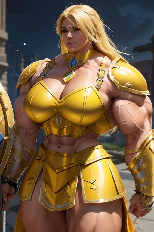 ((((Massive, tall, beautiful, buff, muscular brown skinned female gladiator with yellow hair, ginormous bulky muscles, holding a sword and shield and wearing an all yellow gleaming gladiator armor and pleated skirt)))), (close view), black eyeliner, massive muscles, massive biceps, hyper muscle triceps, (long flowing hair), gray eyes, gladiator boots, In a Roman city, steel gladiator armor, armor breastplate, nighttime, confident smile, (hyper muscles arms), hyper muscle legs, (ginormous arms)