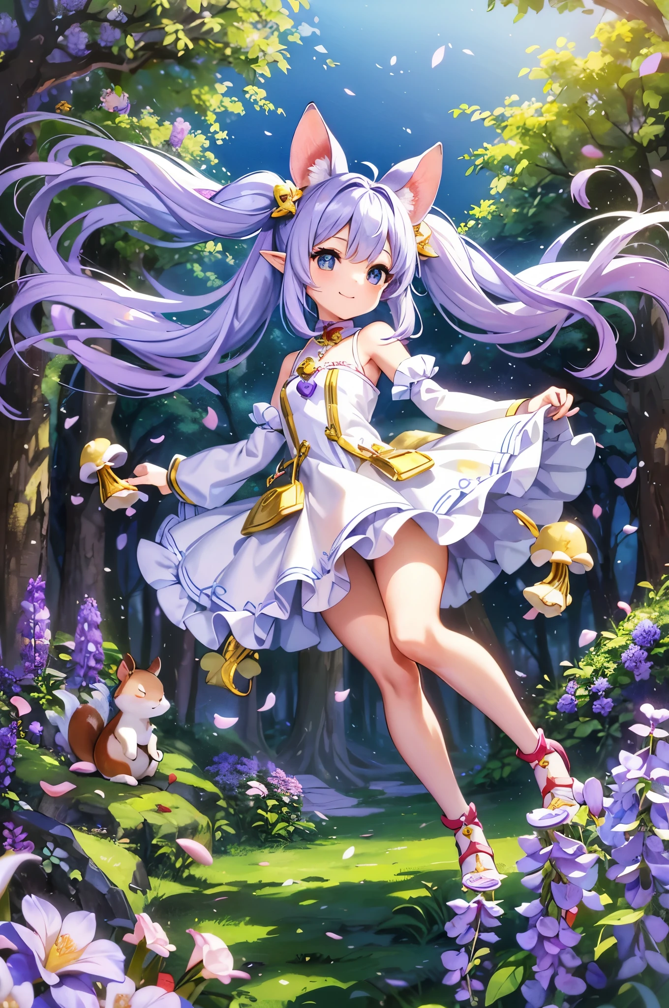 A world where wisteria flowers bloom、In the mysterious forest where wisteria is in full bloom、long white ears、Light blue long hair、With a cute girl with twin tails Wisteria petals dancing in the wind Adorable smile、Wearing a cute dress。Iris。Cute woodland creatures.、White rabbit with big ears、Cute mushrooms are also growing.、Adorable digital painting, Cute and detailed digital art, the squirrel king, Cute digital art, Cute cartoon characters, Cute Characters, Cute Creatures, Cutie, Official illustrations, Official Art, squirrel, MapleStory Mouse, Astriloan, Cute 3D rendering
