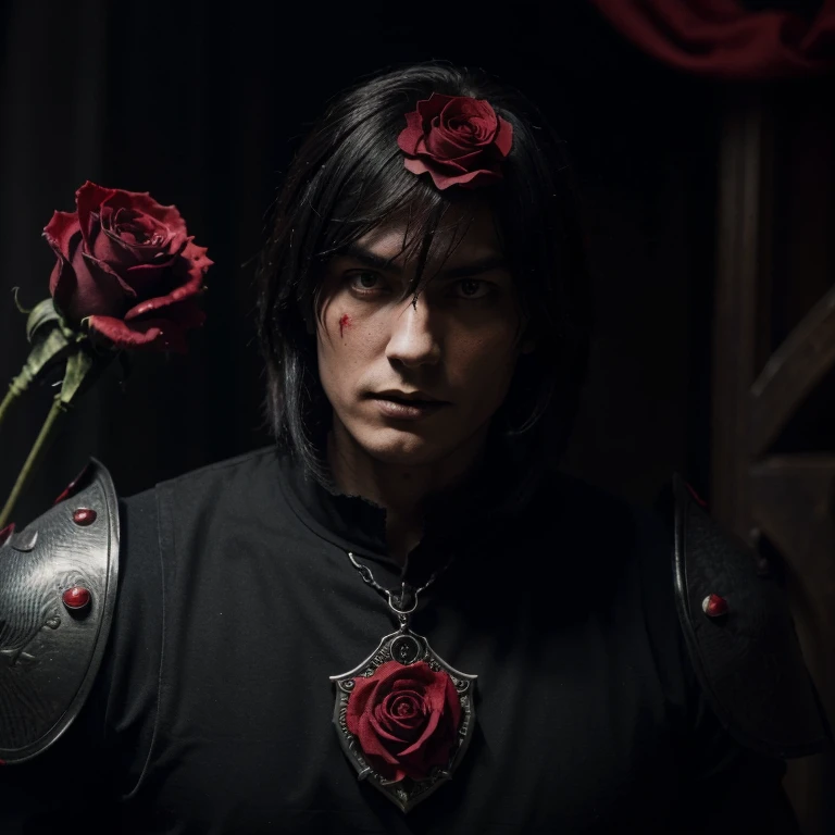 (a family crest,knight,red and black blood rose),(best quality,highres),(dark,gothic style),(detailed),(sharp focus),(vivid colors),(mysterious lighting)