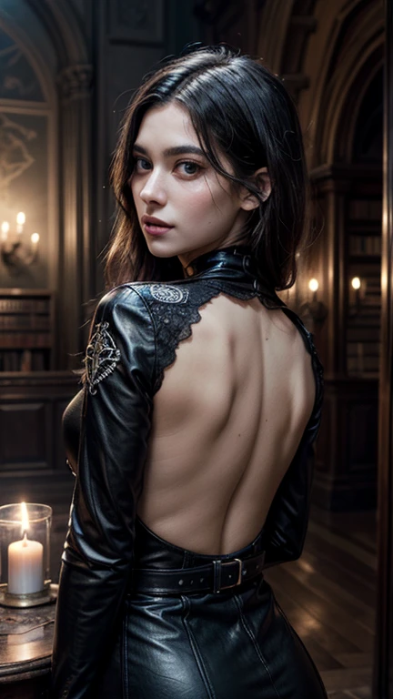 Hyper realistic super detailed sexy young gothic girl , expressions faciales sexy, seductive facial expressions, dynamic pose, back view [:(Face detail: 1.4): 0.4], 16K resolution, 4k resolution, (Ventre plat parfait), (image couleur), BREAK I. Outfit: Elegant, enchanting, long and fitted leather dress, plunging back, deep neckline, long lace sleeves, belt adorned with mystical symbols, high-heeled boots, black and silver jewelry. II. Venue: Gothic castle, dark and mysterious atmosphere, dim lighting with chandeliers, library full of old grimoires, mirrors framed with magical motifs, incense-scented candles, mystical mist floating in the air. III. Decoration: Gothic ambiance, dim lighting with violet and blue lights, refined furniture with touches of black and silver, black velvet drapes, mirrors adorned with witchcraft motifs, lavender-scented candles, BREAK, looking at viewer, masterpiece, best quality, highly detailed, desire, blush, (Beautiful and detailed eyes description), (beautiful and detailed face), Perfect female body, (Best Quality), (ultra-detailed), (master piece), (high resolution), (Original), (the Extremely Detailed CG Unity 8K Wallpapers)
