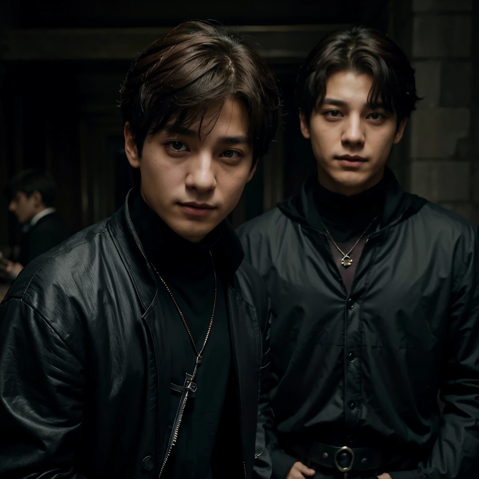 Jungkook do BTS, Cabelo preto, com a vestes da grifinoria de Harry Potter, segurando uma varinha.