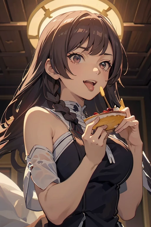 (Masterpiece: 1.2), Best Quality, (Illustration: 1.2), Eye Focus, (Ultra Detailed), Ultra Detail, (Fine Detail), (Intricate Detail), (Cinematic Light, Best Quality Backlight), Clear Lines, Solo Female, Solo Female, Perfect Figure, (1 Girl), High Contrast, (Best Lighting, Extremely Delicate and Beautiful), ((Cinematic Light)), Powerful, Absolutely Striking, Dynamic Angle, Gorgeous Background, cute Teeth, Open Mouth, mischievous smile, close-up, depth of field, close-up of a long-haired character. A cute tongue sticks out of the mouth, long hair, big breasts, short sleeves, dress, bare shoulders, braids, porcelain clothes, eating a cake