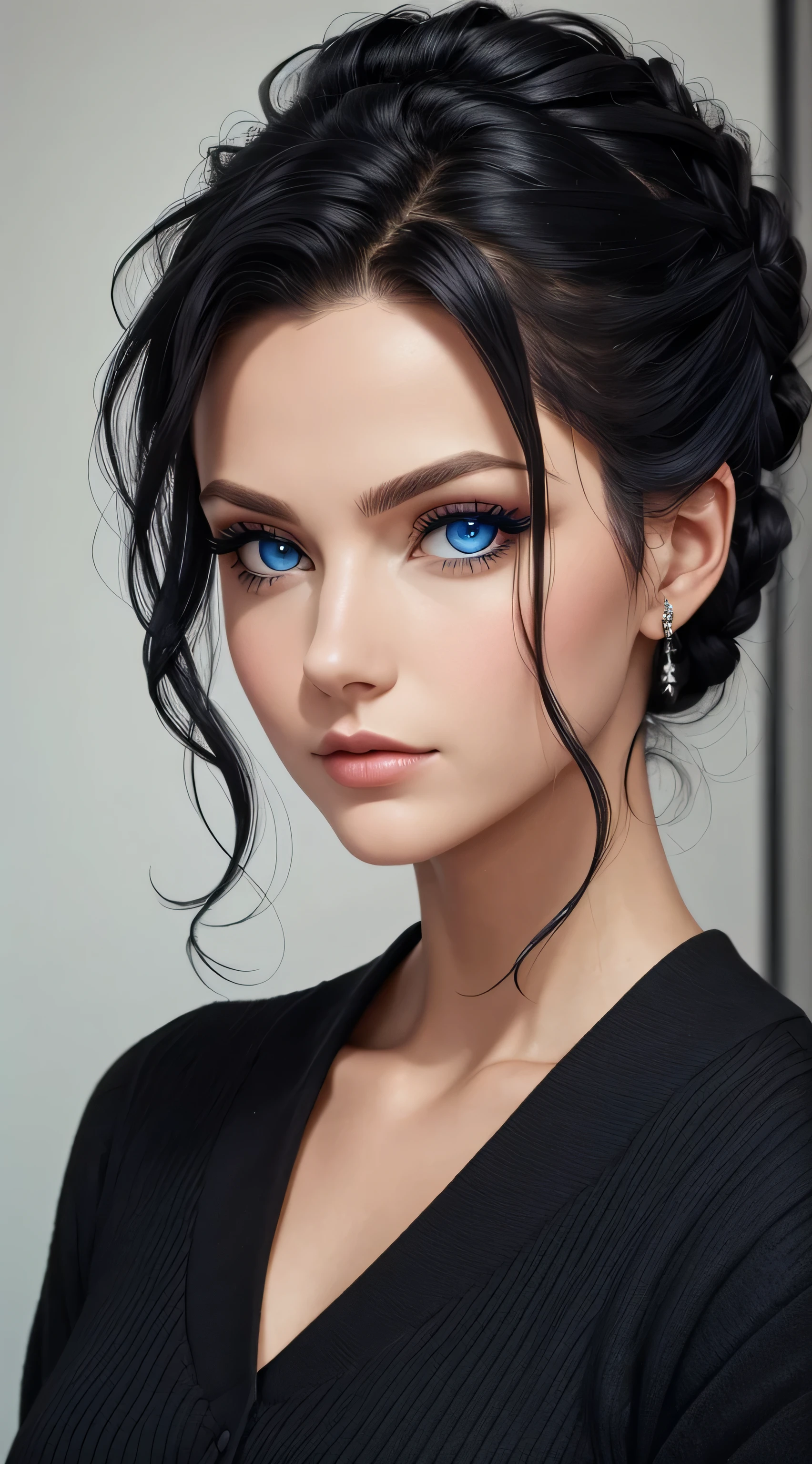 Black updo hair,Dark blue eyes