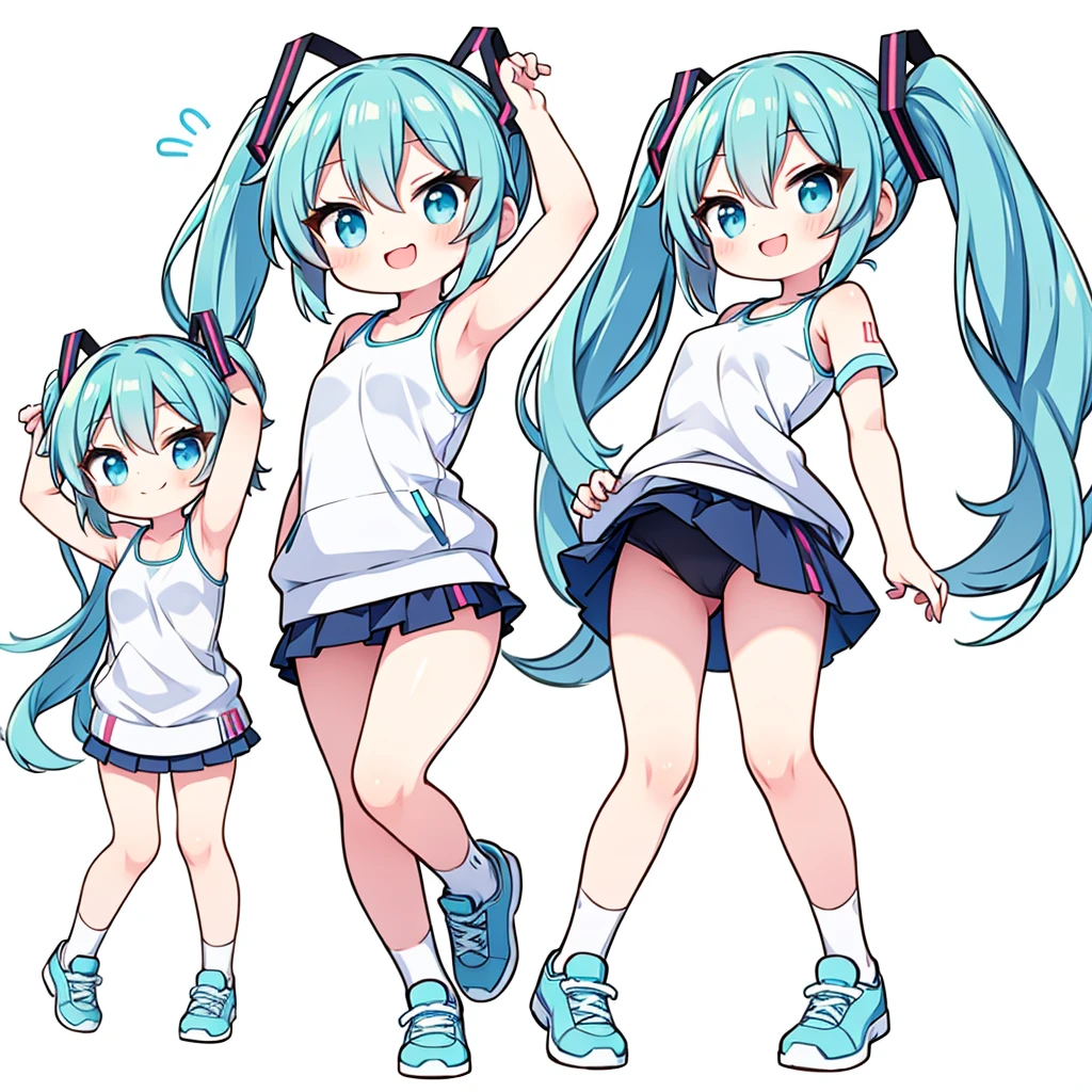 Chibi Miku, full body, bright smile, exercise clothes Wear a short skirt Warming up the body, white background